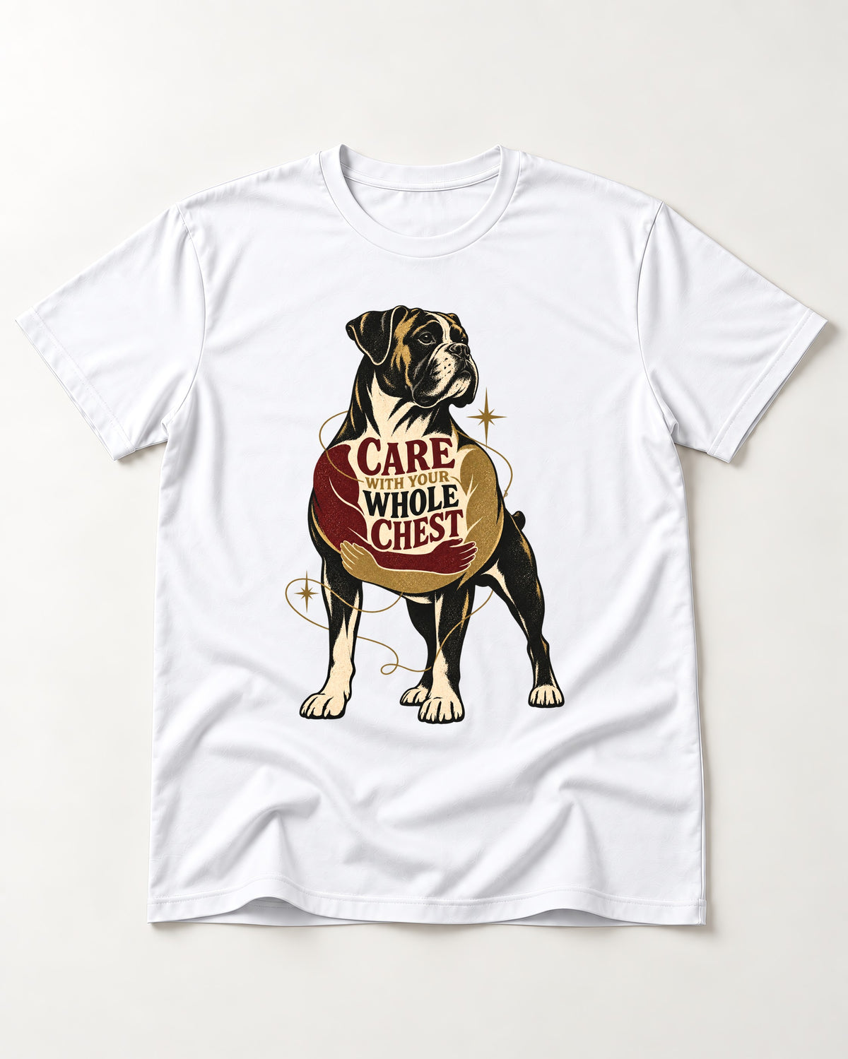Boxer Care With Your Whole Chest T-Shirt in White, flat lay product photo