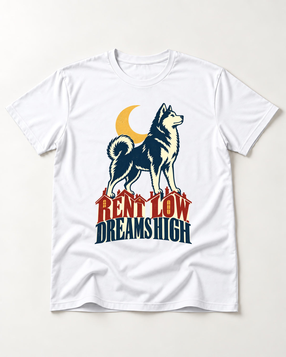 Husky Dreams High T-Shirt in White, flat lay product photo