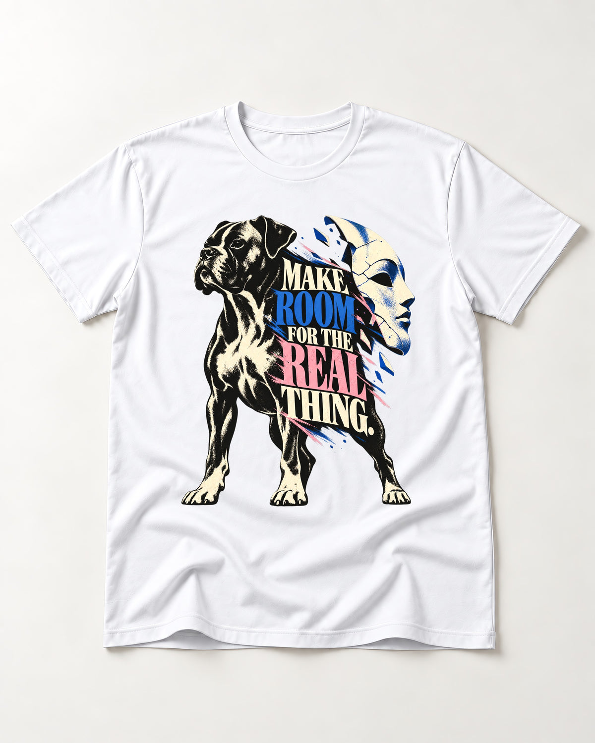Make Room for the Real Thing Boxer Broken Mask Graphic T-Shirt in White, flat lay product photo