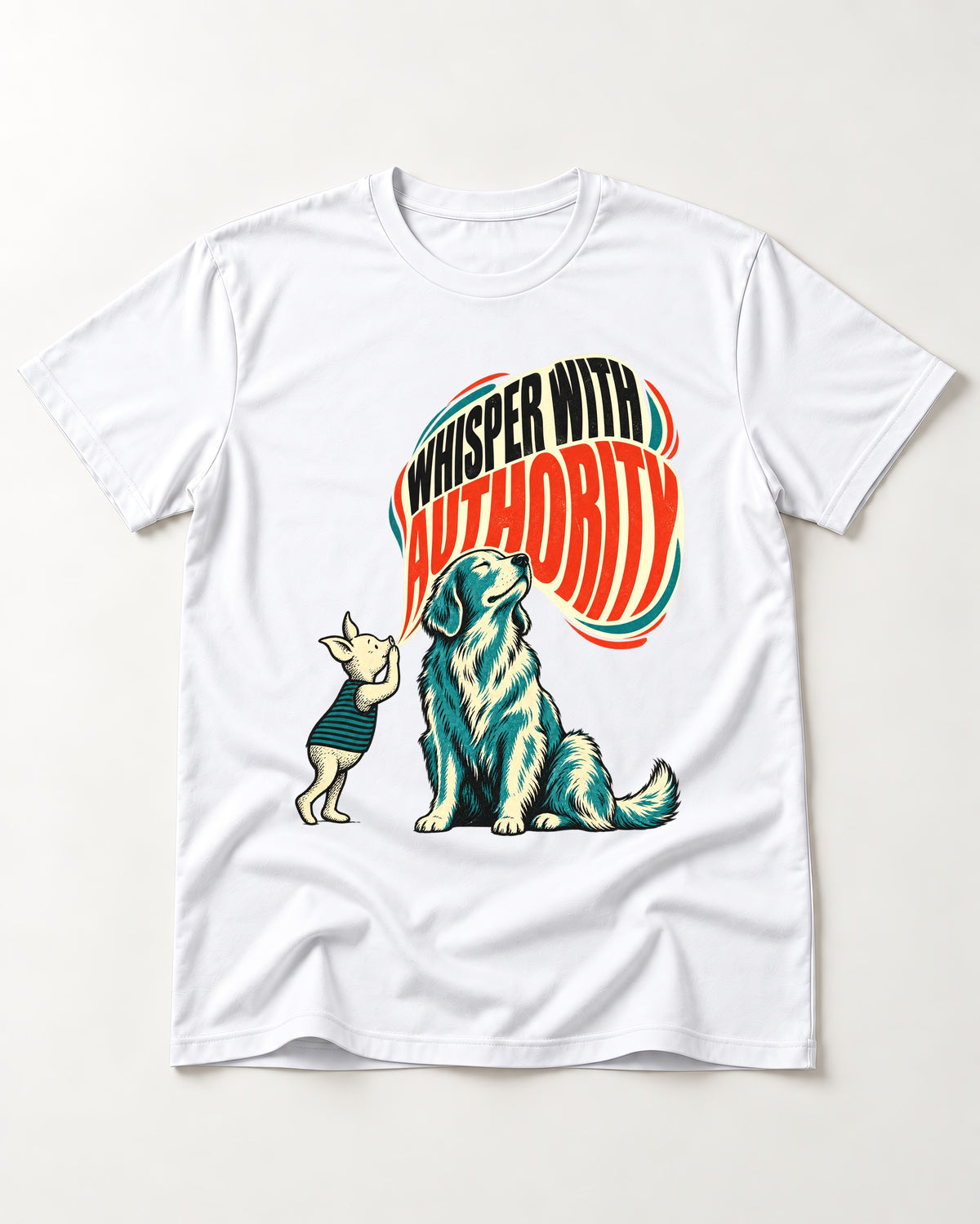 Golden Retriever Whisper with Authority T-Shirt in White, flat lay product photo
