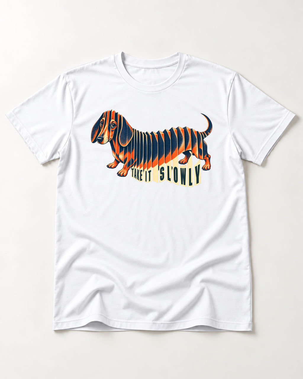 Take It Slowly Dachshund T-Shirt in White, flat lay product photo