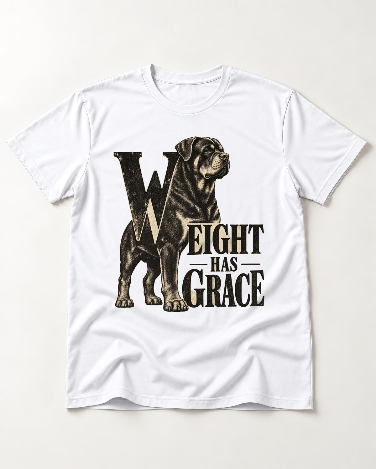 Rottweiler Weight Has Grace T-Shirt in White, flat lay product photo