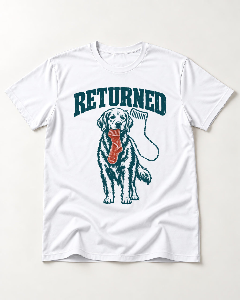Golden Retriever Returned T-Shirt in White, flat lay product photo