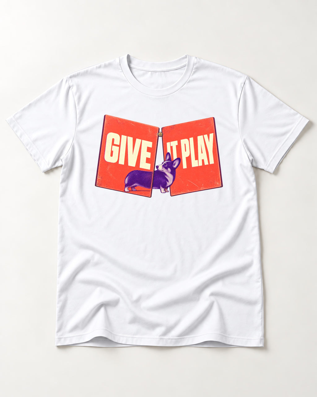 Corgi Give It Play Folding Panels T-Shirt in White, flat lay product photo