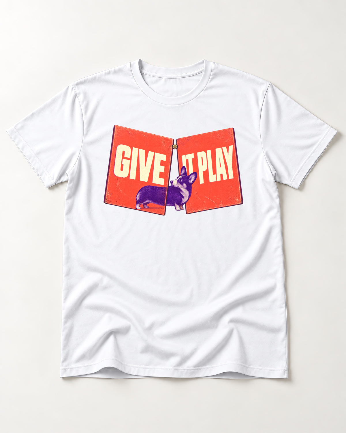 Corgi Give It Play Folding Panels T-Shirt in White, flat lay product photo