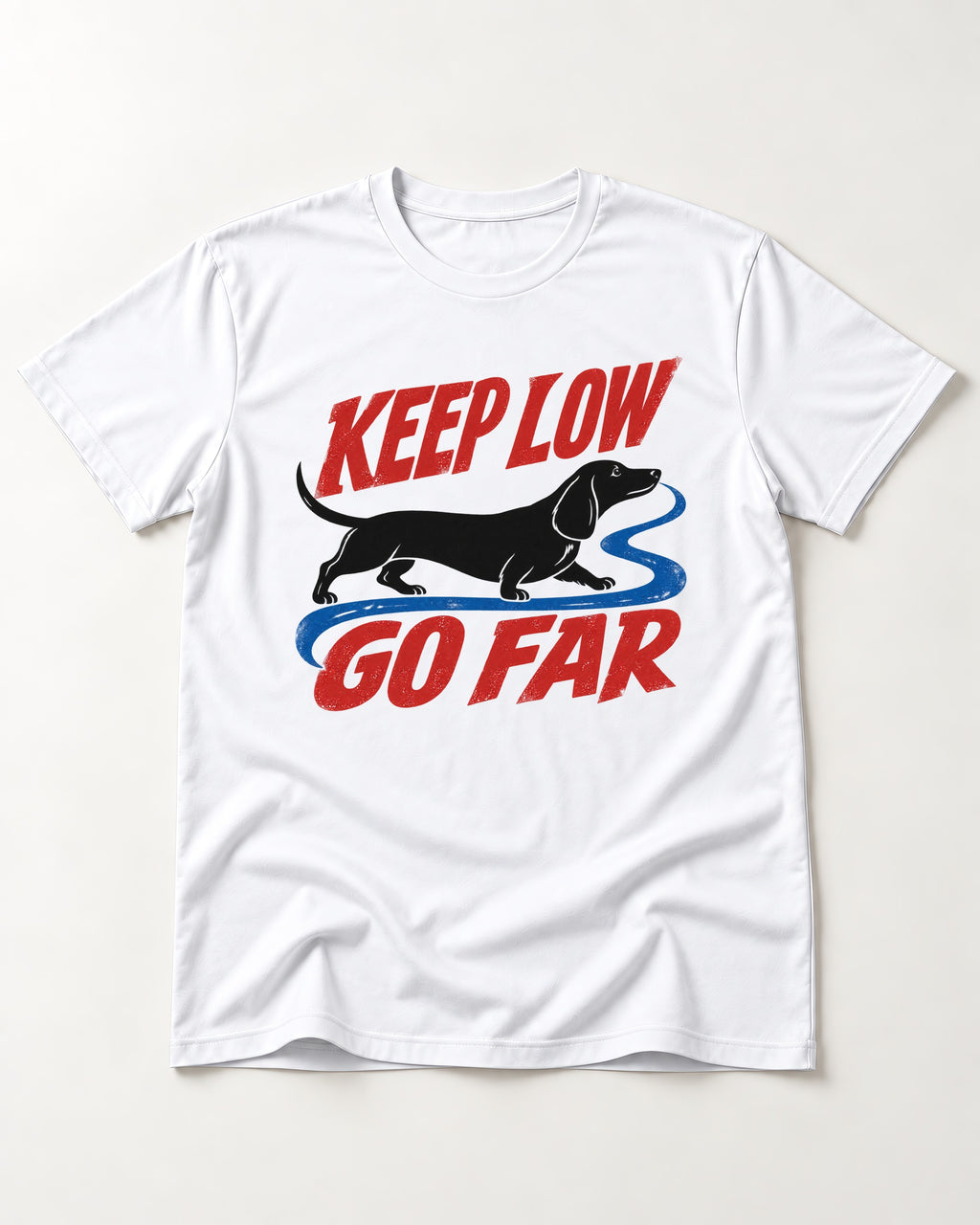 Keep Low Go Far Dachshund T-Shirt in White, flat lay product photo