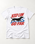 Keep Low Go Far Dachshund T-Shirt in White, flat lay product photo