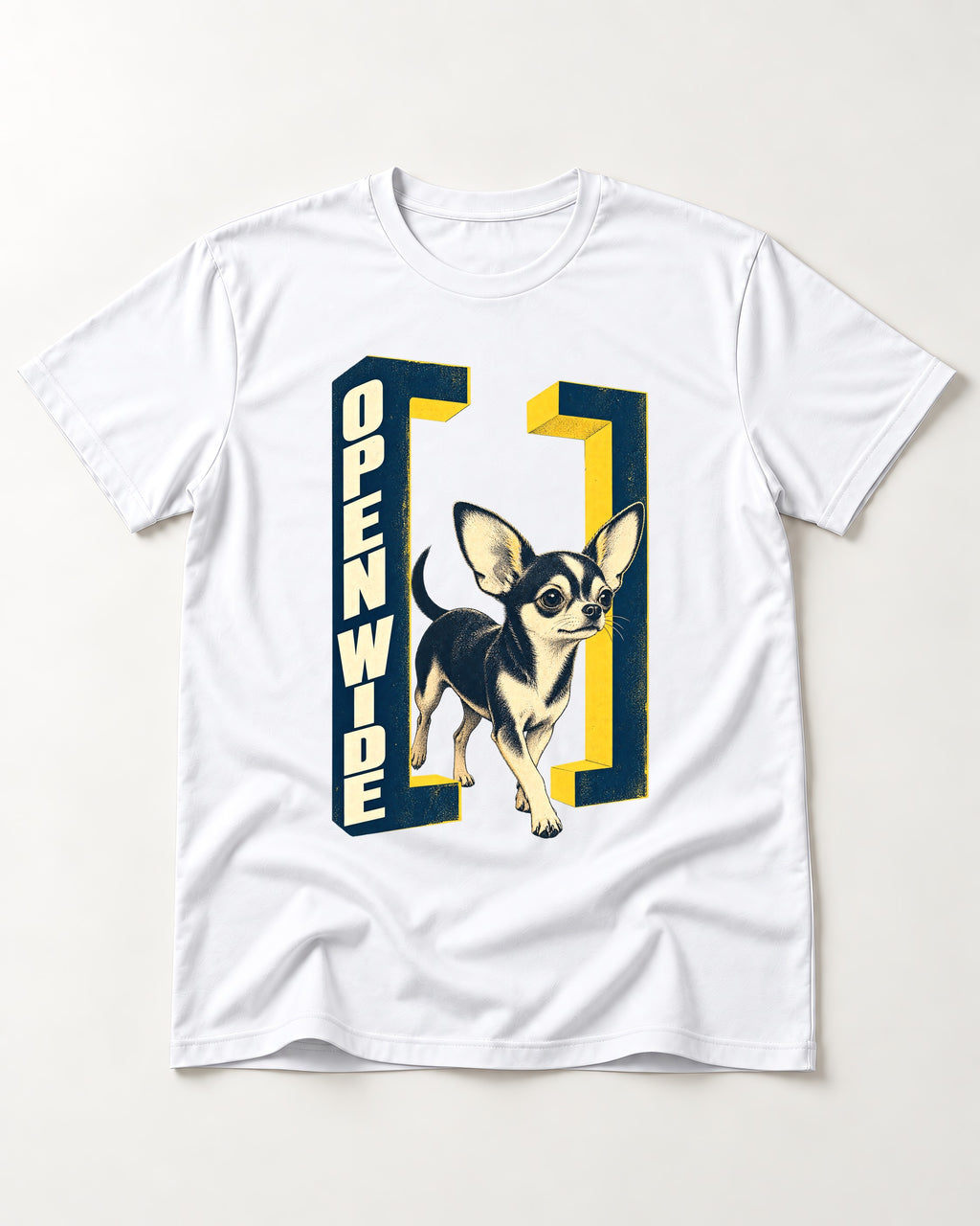 Open Wide Chihuahua T-Shirt in White, flat lay product photo