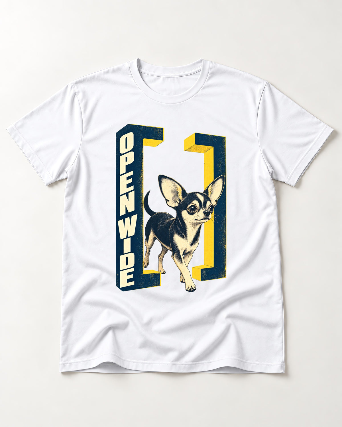 Open Wide Chihuahua T-Shirt in White, flat lay product photo