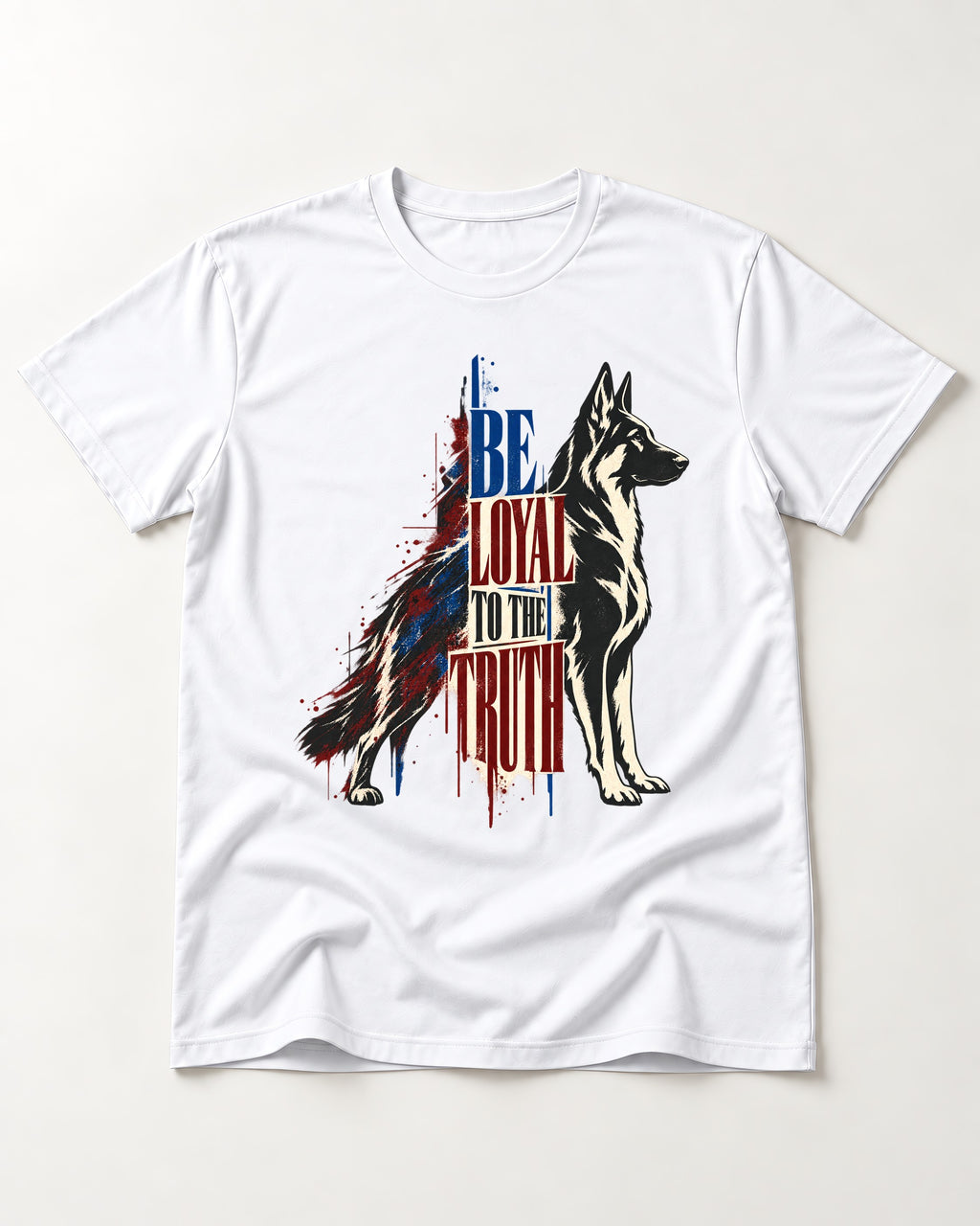 Loyal to the Truth German Shepherd Dog T-Shirt in White, flat lay product photo