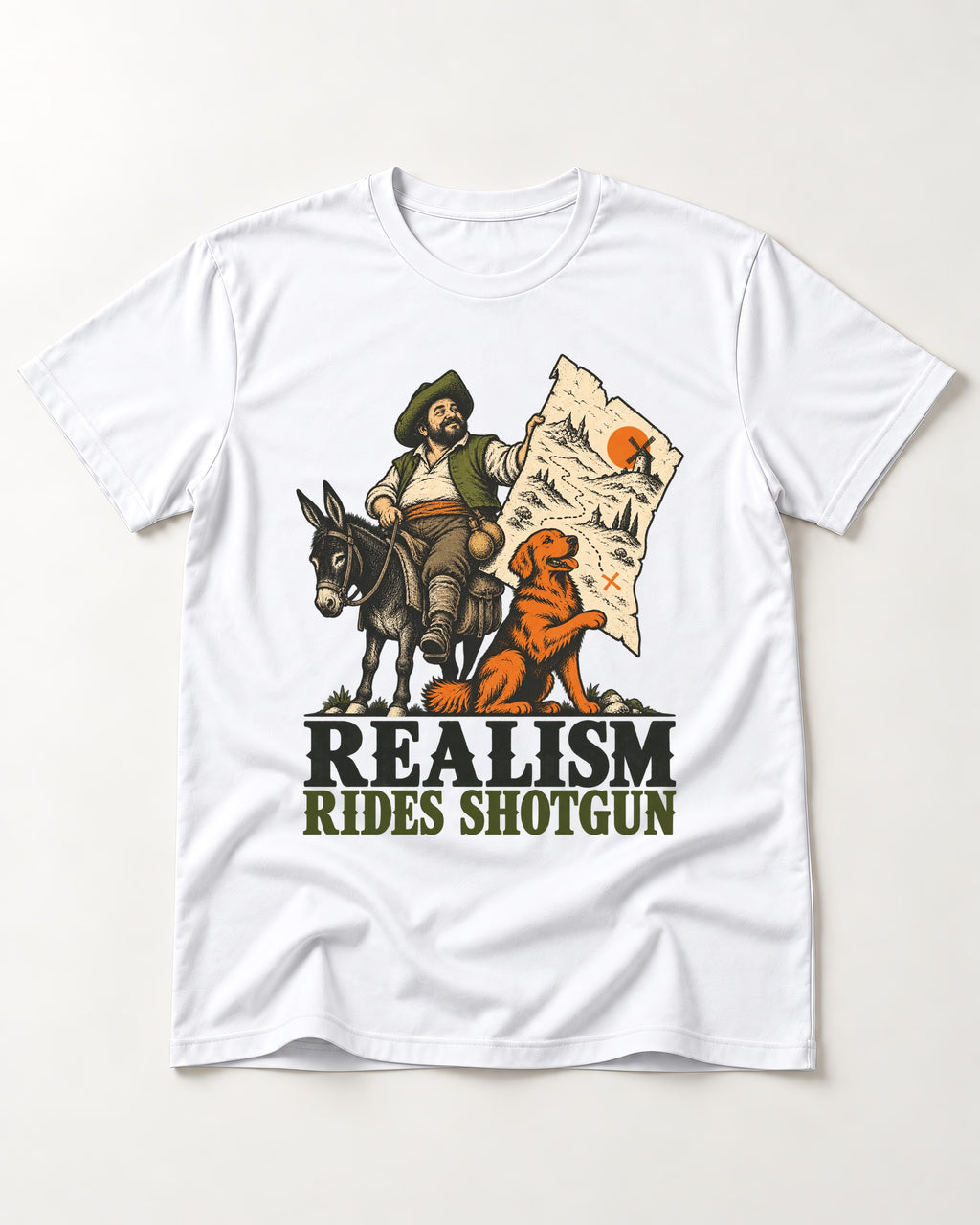 Realism Rides Shotgun with Golden Retriever T-Shirt in White, flat lay product photo