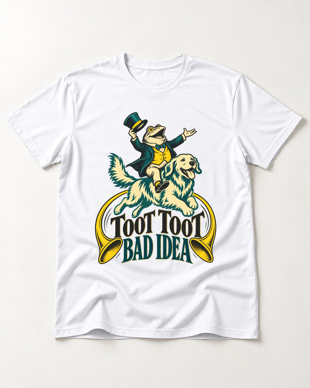 Golden Retriever Toot Toot Bad Idea T-Shirt in White, flat lay product photo
