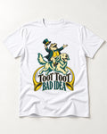 Golden Retriever Toot Toot Bad Idea T-Shirt in White, flat lay product photo