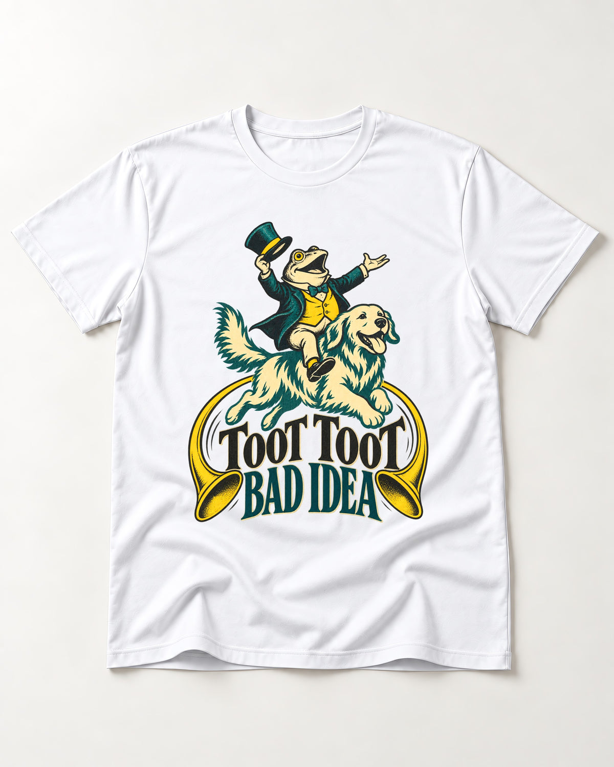 Golden Retriever Toot Toot Bad Idea T-Shirt in White, flat lay product photo