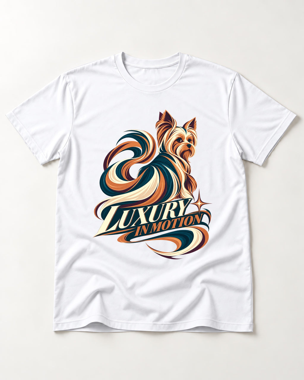 Yorkshire Terrier Luxury in Motion T-Shirt in White, flat lay product photo
