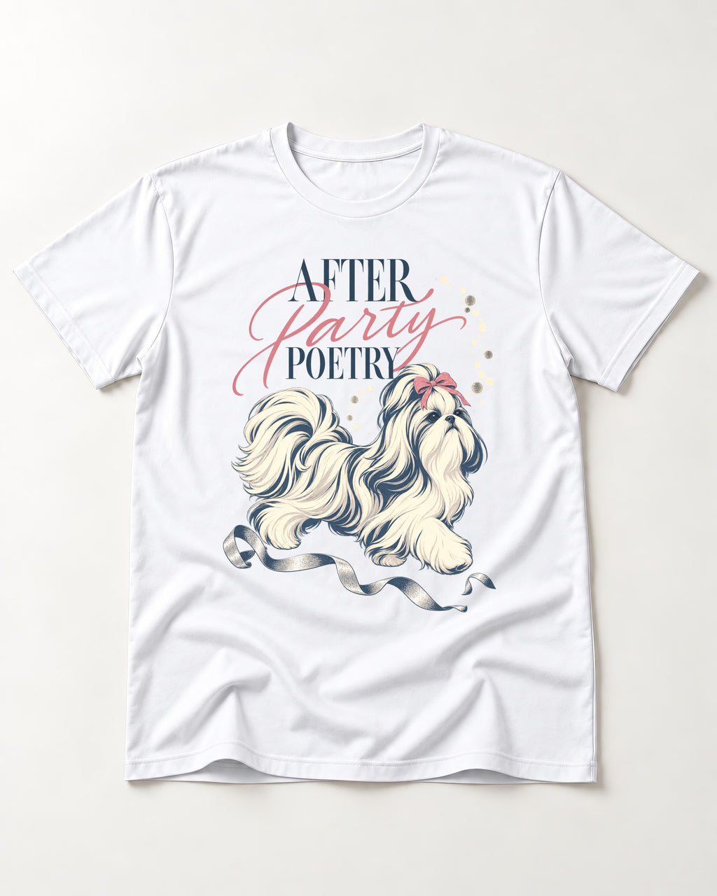 After Party Poetry Shih Tzu T-Shirt in White, flat lay product photo