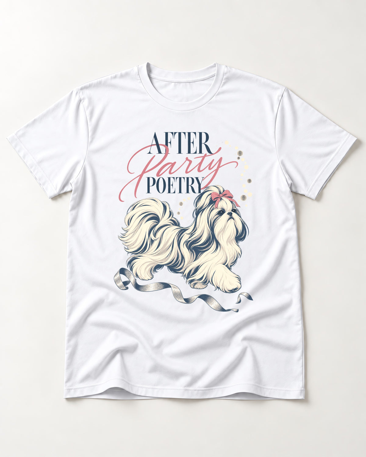 After Party Poetry Shih Tzu T-Shirt in White, flat lay product photo