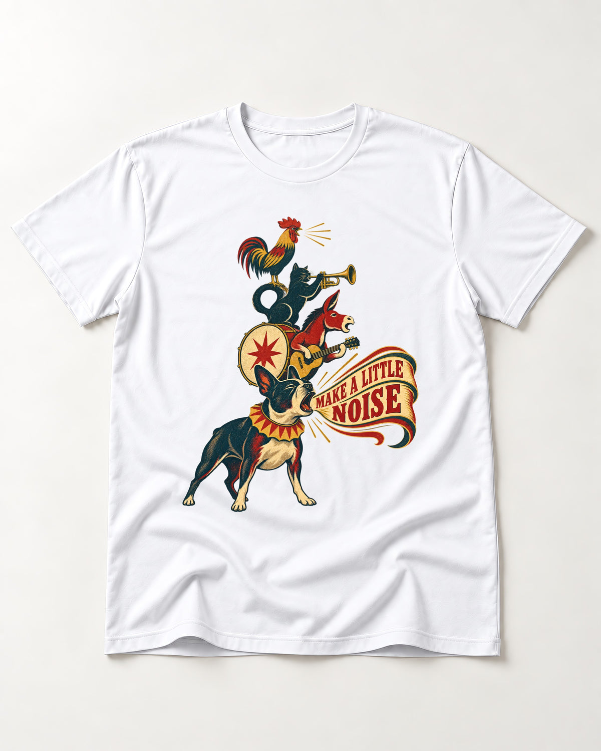 Boston Terrier Make A Little Noise T-Shirt in White, flat lay product photo