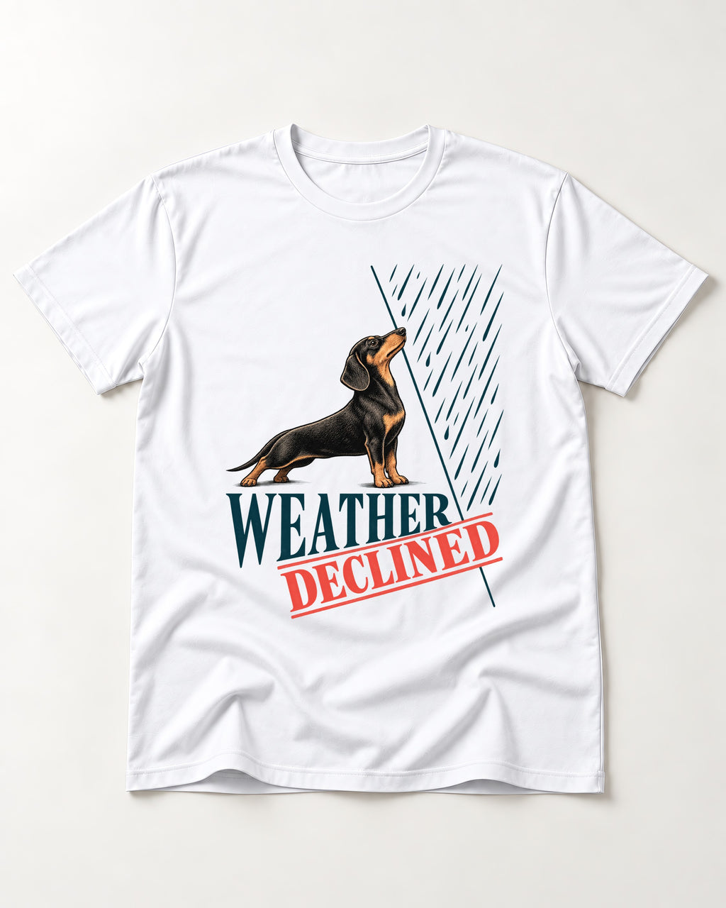 Weather Declined by Dachshund T-Shirt in White, flat lay product photo