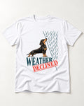 Weather Declined by Dachshund T-Shirt in White, flat lay product photo