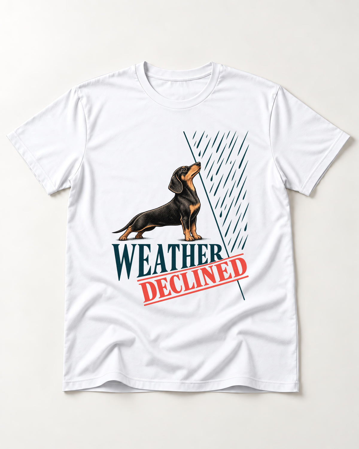 Weather Declined by Dachshund T-Shirt in White, flat lay product photo