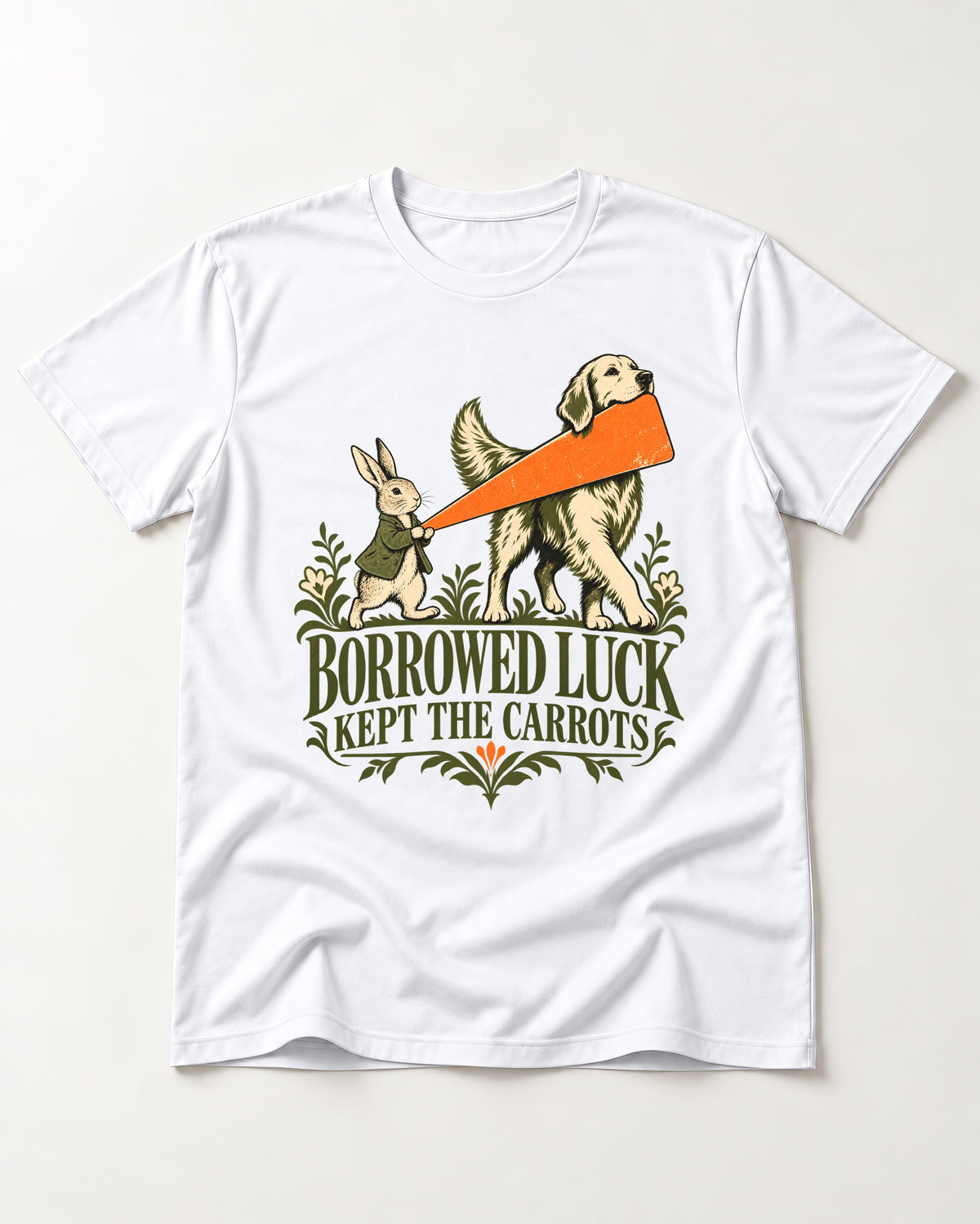 Borrowed Luck Golden Retriever T-Shirt in White, flat lay product photo