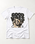 Frenchie Good Vibes T-Shirt in White, flat lay product photo