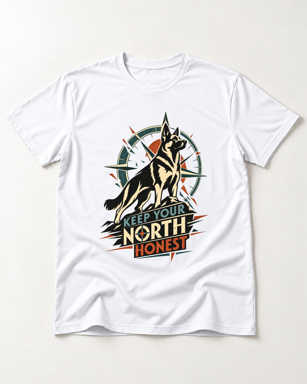 Keep Your North Honest Compass German Shepherd Dog Graphic T-Shirt in White, flat lay product photo