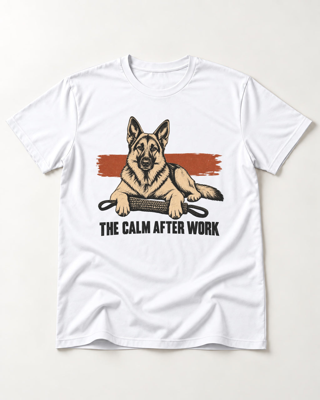 German Shepherd Dog The Calm After Work T-Shirt in White, flat lay product photo