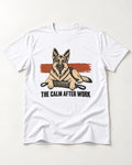 German Shepherd Dog The Calm After Work T-Shirt in White, flat lay product photo
