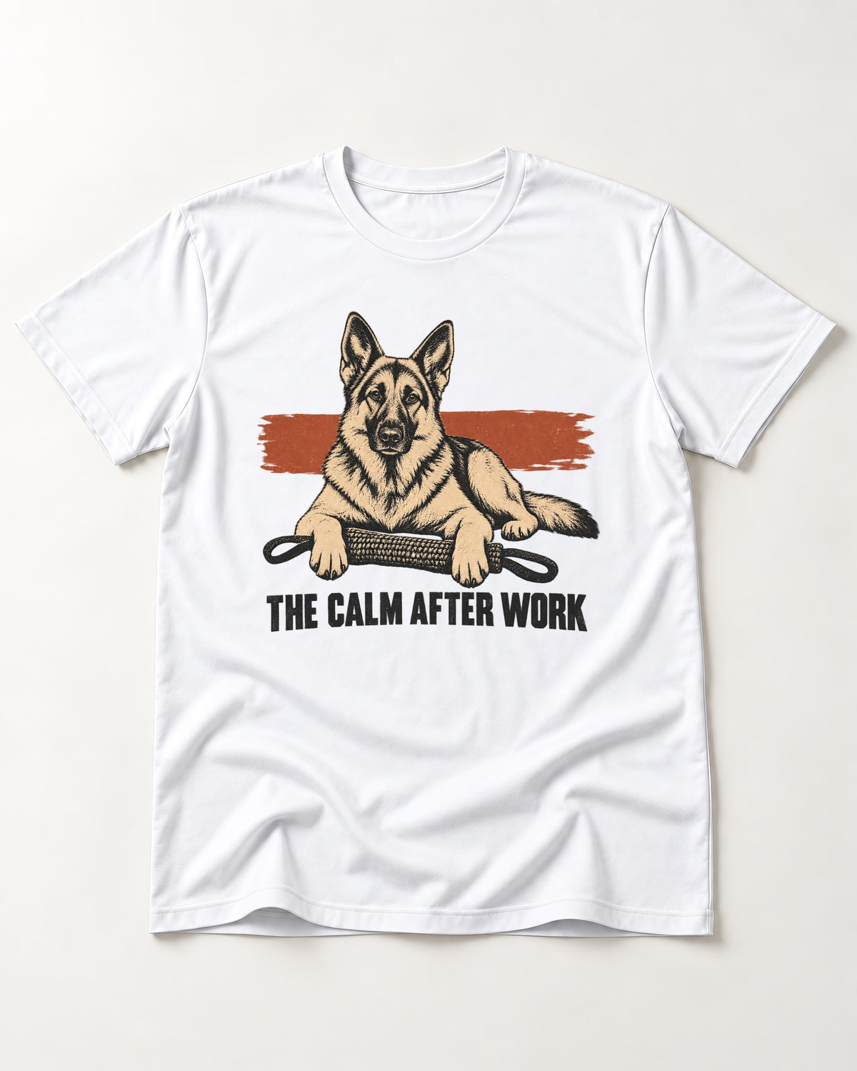 German Shepherd Dog The Calm After Work T-Shirt in White, flat lay product photo