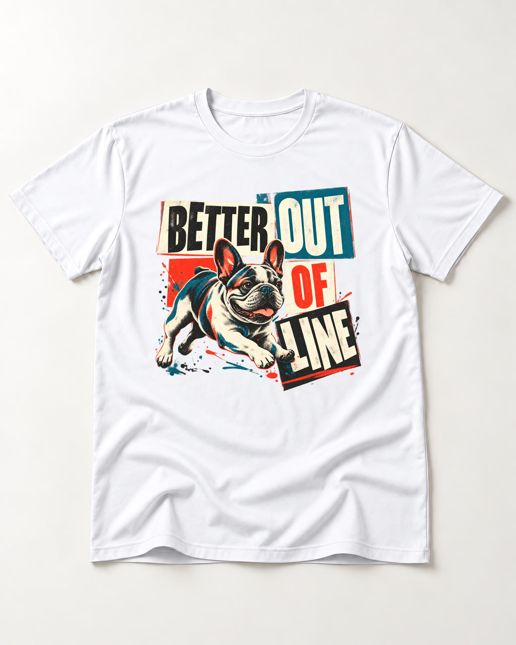 Frenchie Better Out of Line Running Graphic T-Shirt in White, flat lay product photo