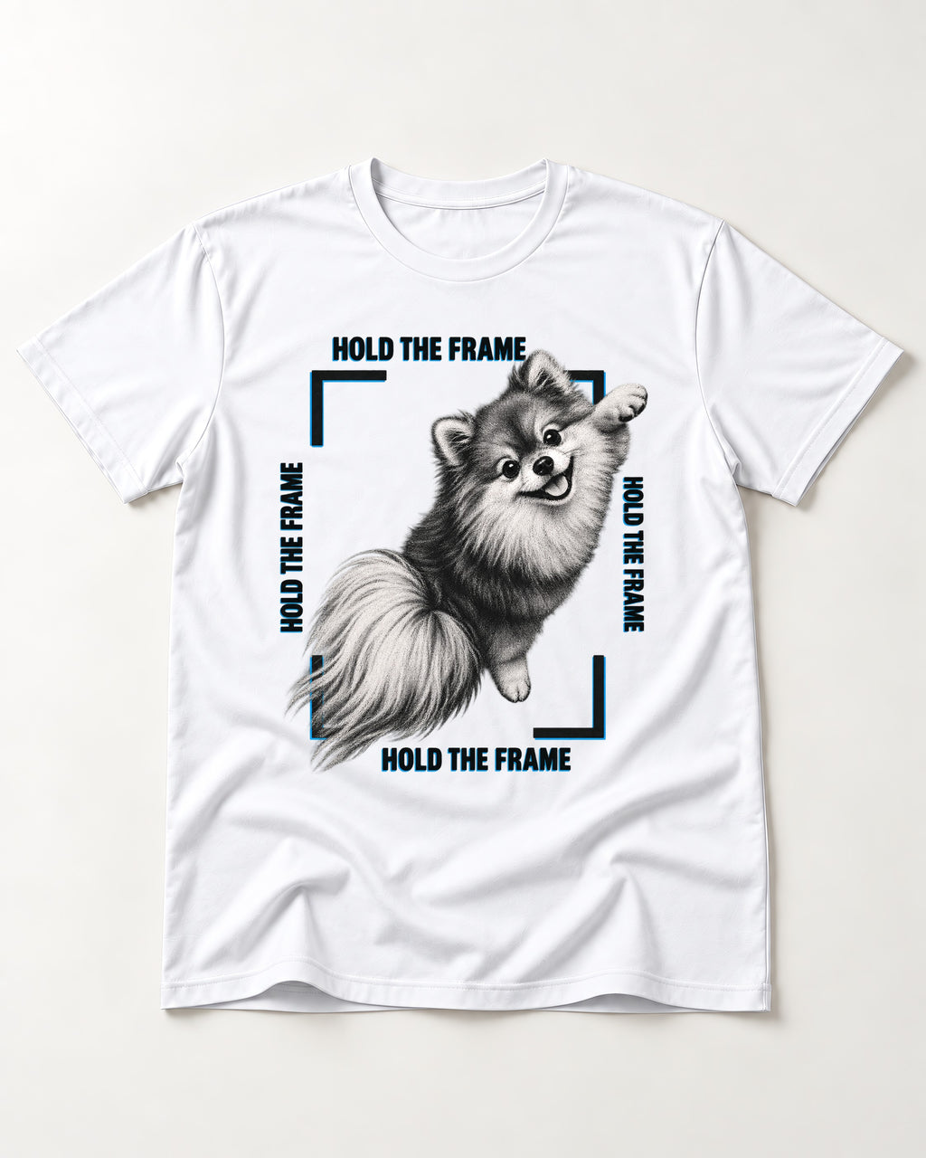 Hold the Frame Pomeranian T-Shirt in White, flat lay product photo