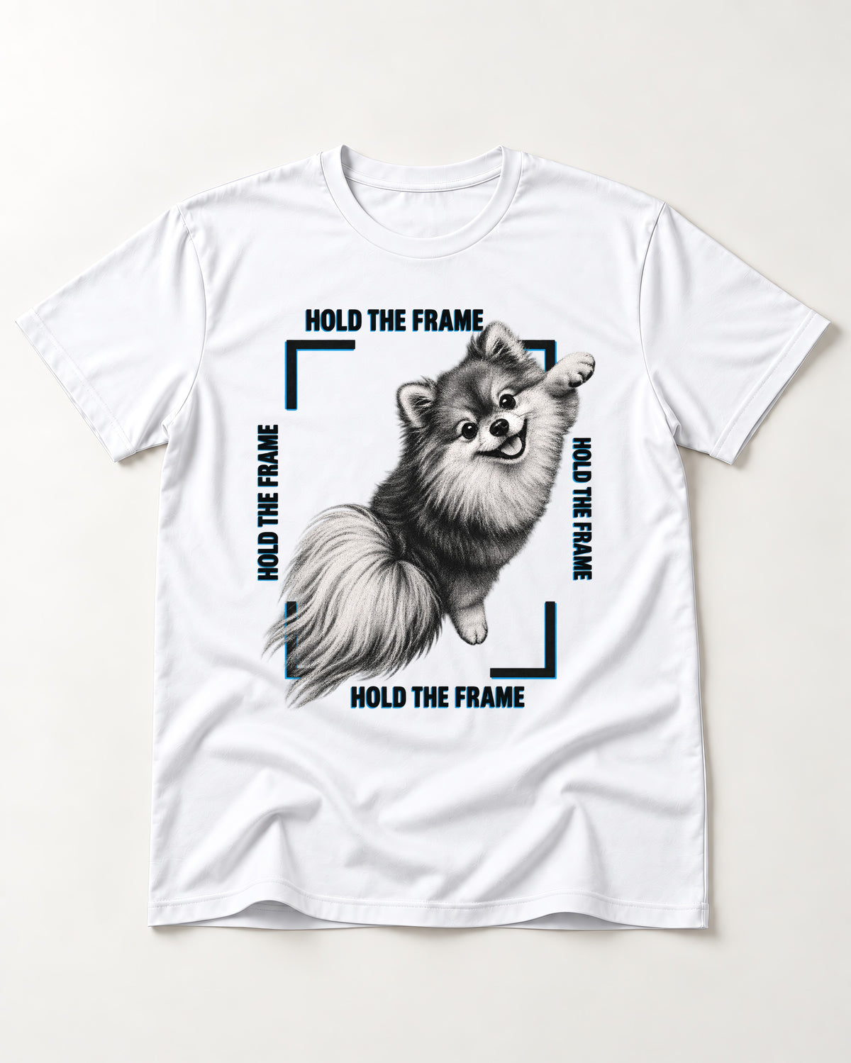 Hold the Frame Pomeranian T-Shirt in White, flat lay product photo