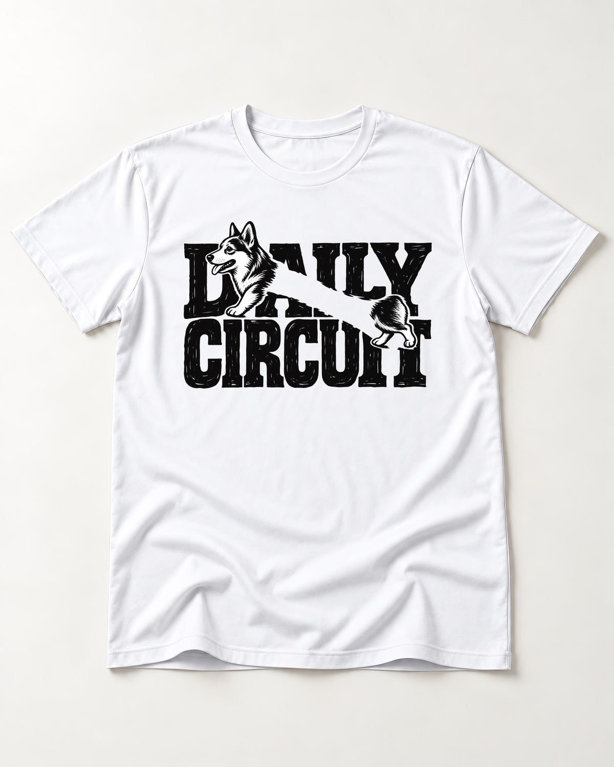 Daily Corgi Circuit T-Shirt in White, flat lay product photo