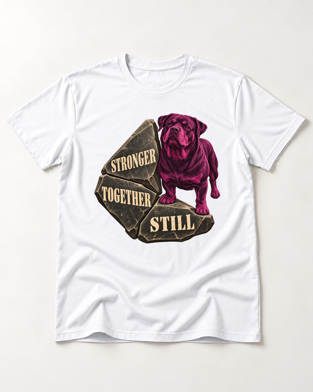 Rottweiler Stronger Together Still Foundation Stone Graphic T-Shirt in White, flat lay product photo