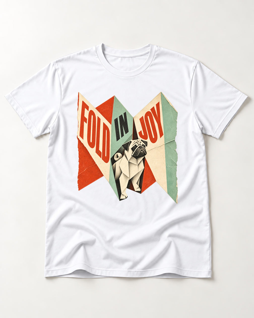 Pug Fold in Joy Geometric Poster Graphic T-Shirt in White, flat lay product photo