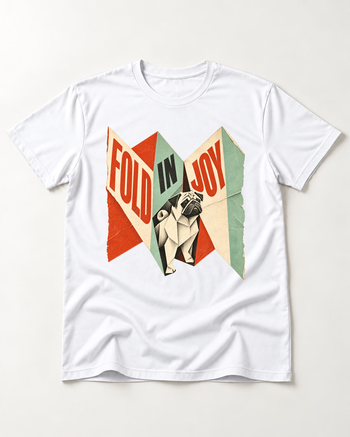 Pug Fold in Joy Geometric Poster Graphic T-Shirt in White, flat lay product photo