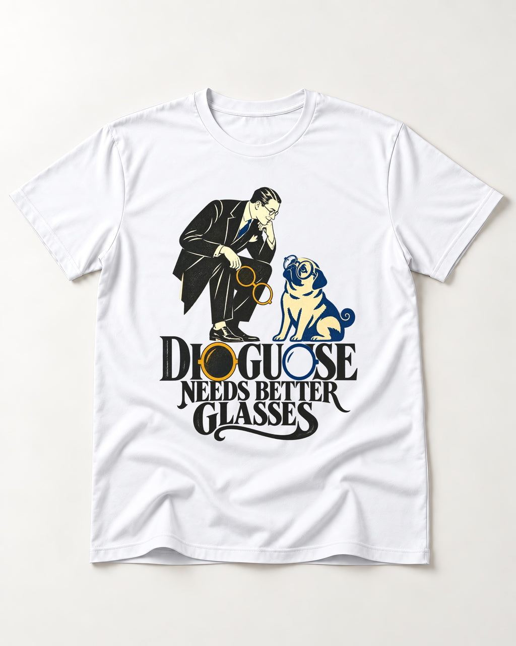 Pug Needs Better Glasses T-Shirt in White, flat lay product photo