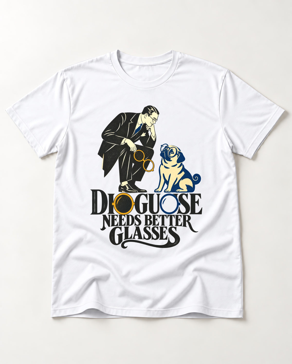 Pug Needs Better Glasses T-Shirt in White, flat lay product photo