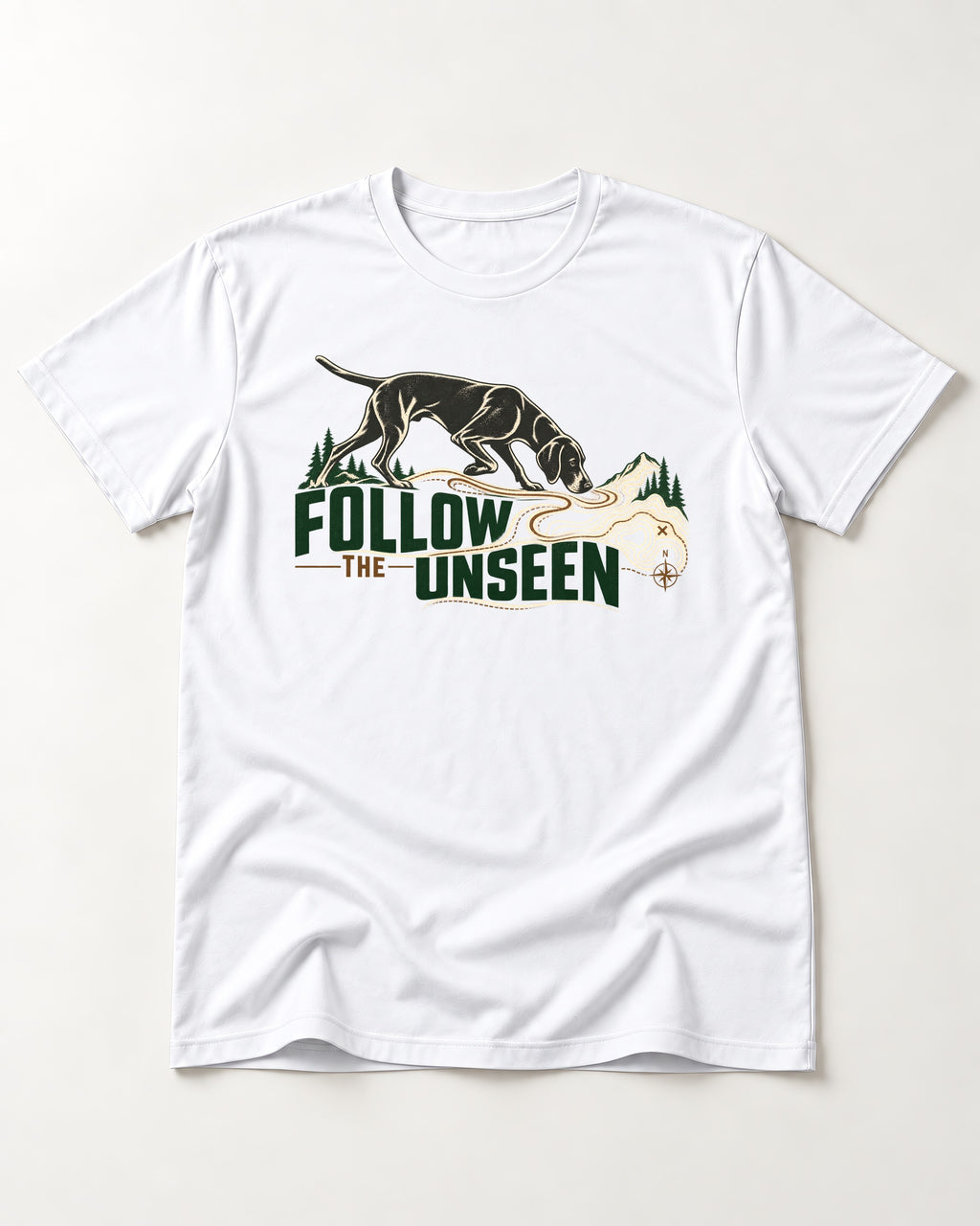 Follow the Unseen German Shorthaired Pointer T-Shirt in White, flat lay product photo