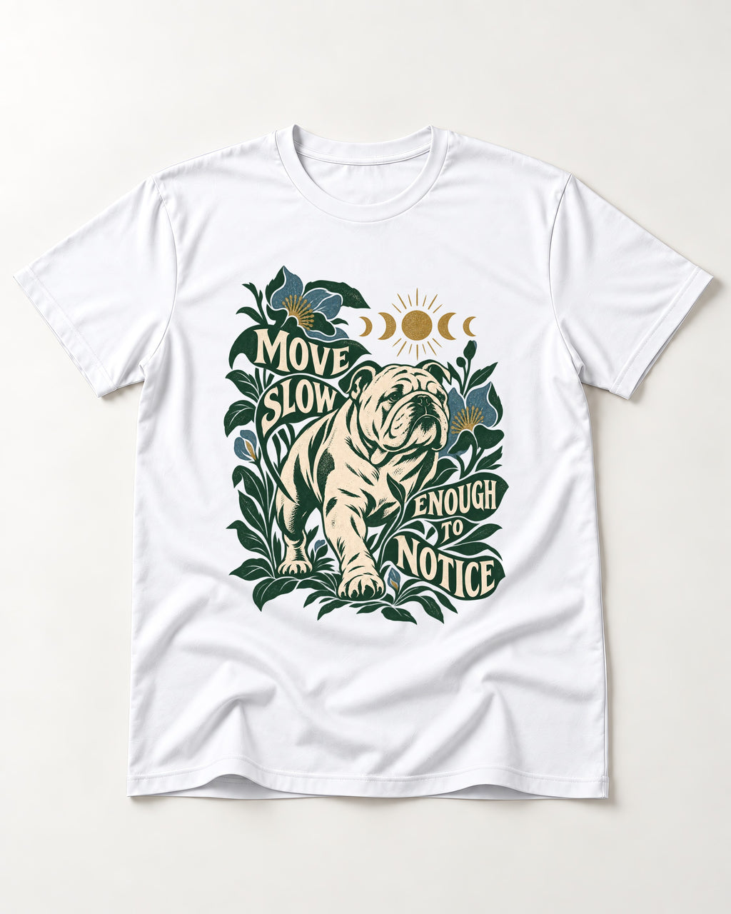 Move Slow English Bulldog T-Shirt in White, flat lay product photo