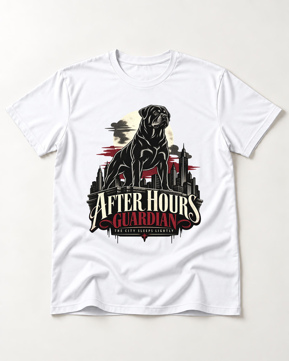 After Hours Rottweiler Guardian T-Shirt in White, flat lay product photo