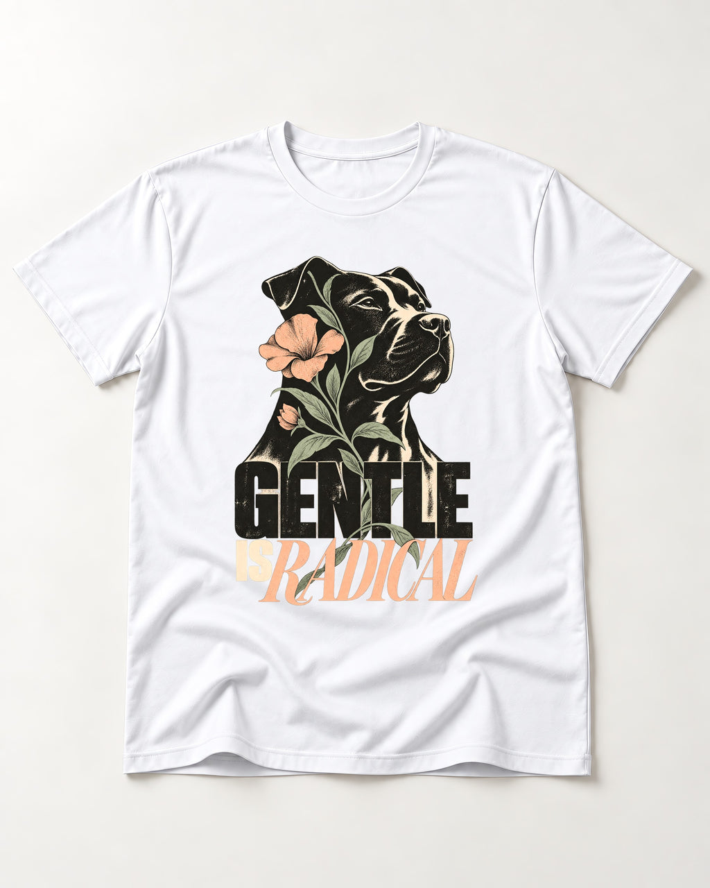 Gentle Pitbull Is Radical T-Shirt in White, flat lay product photo
