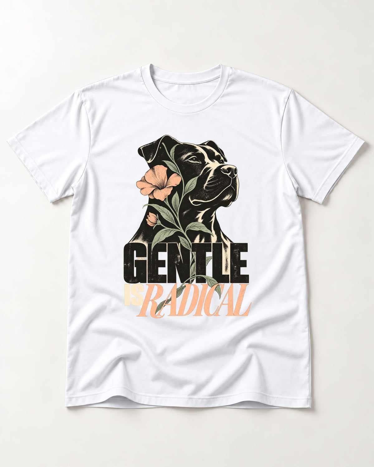 Gentle Pitbull Is Radical T-Shirt in White, flat lay product photo