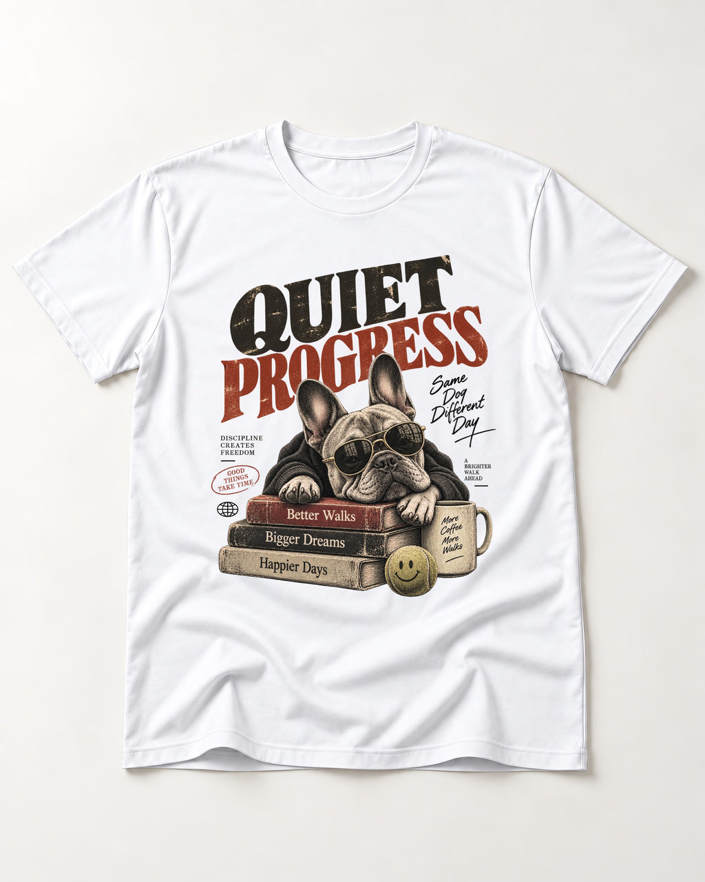 Quiet Progress Frenchie T-Shirt in White, flat lay product photo