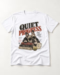 Quiet Progress Frenchie T-Shirt in White, flat lay product photo