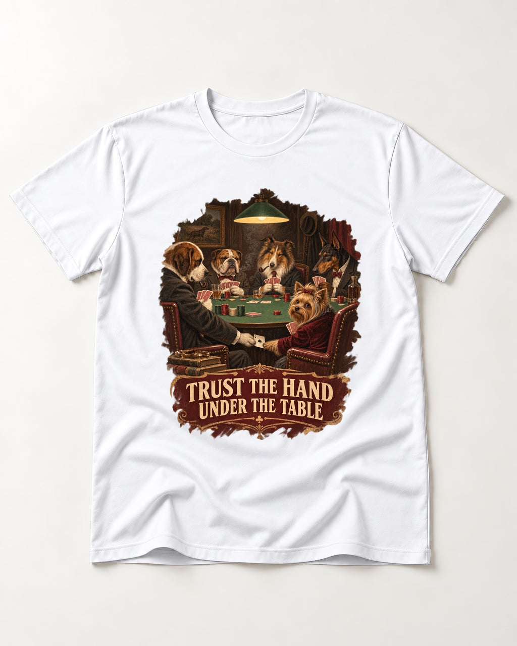 Yorkshire Terrier Trust the Hand Under the Table Poker Dogs Graphic T-Shirt in White, flat lay product photo