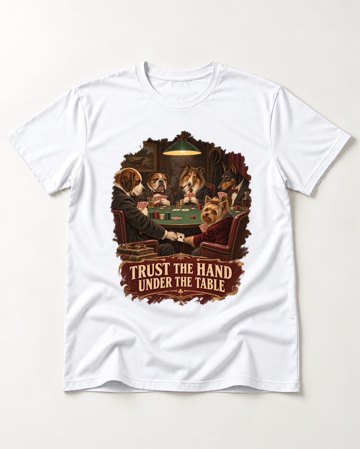 Yorkshire Terrier Trust the Hand Under the Table Poker Dogs Graphic T-Shirt in White, flat lay product photo