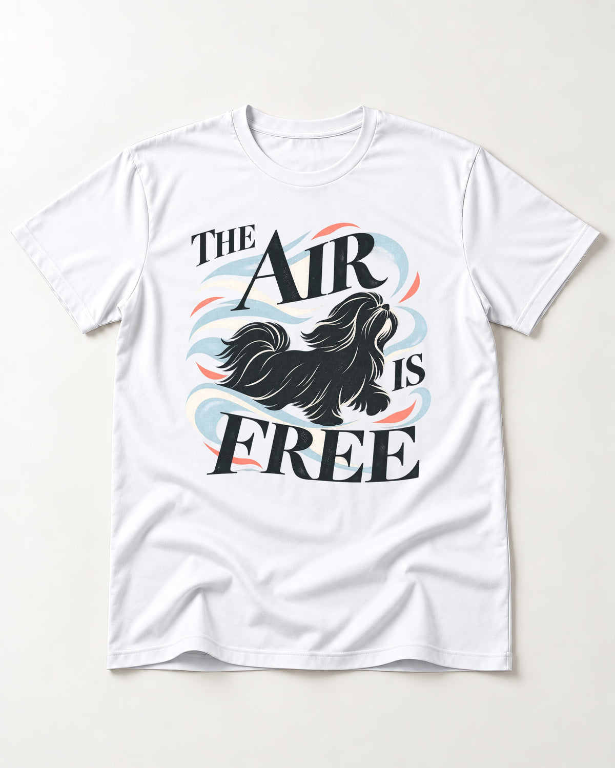 The Air Is Free Shih Tzu T-Shirt in White, flat lay product photo